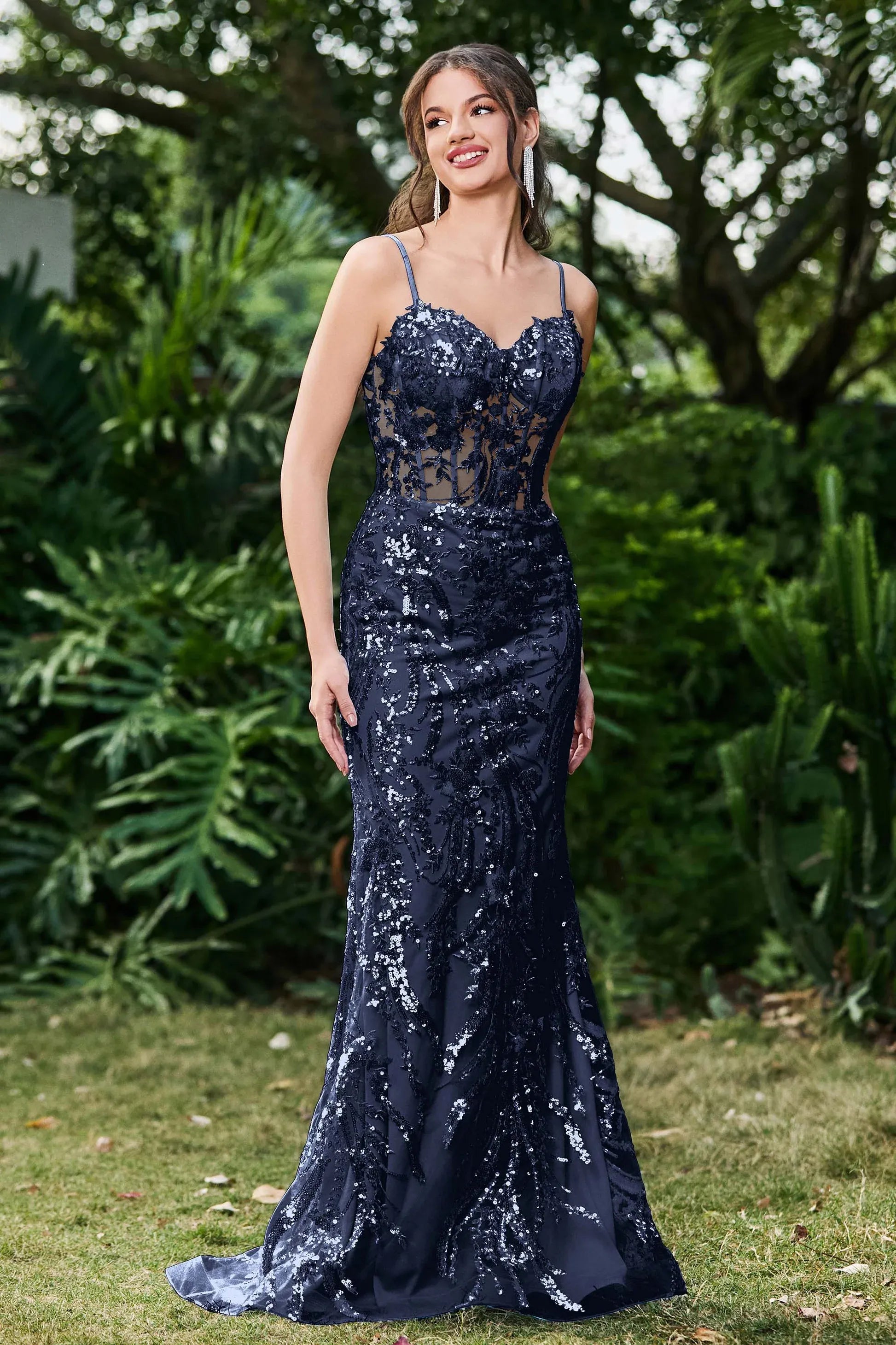 Glamorous Mermaid Sweetheart Spaghetti Tulle Sheer Bodice Long Sequin Prom Dress
