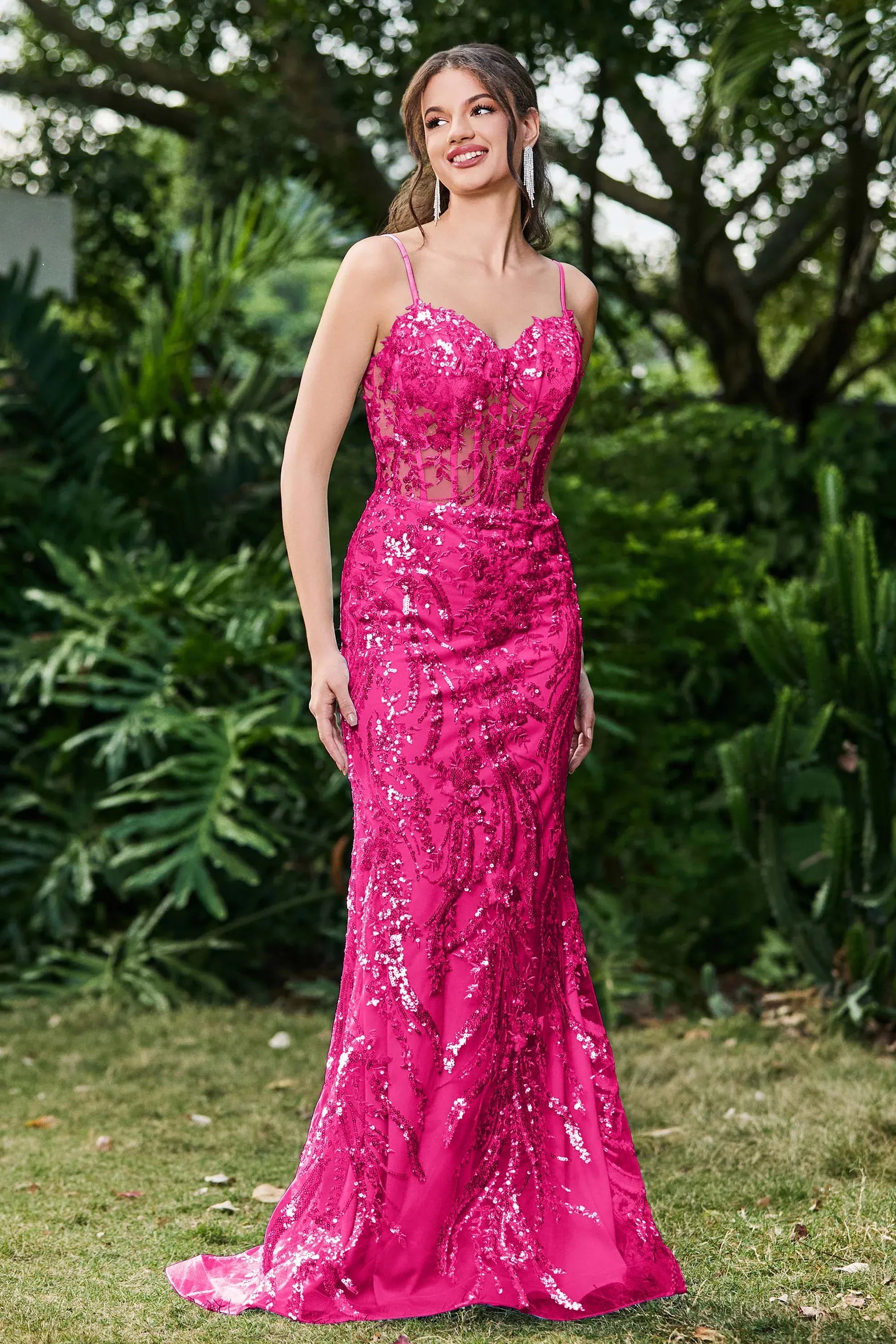 Glamorous Mermaid Sweetheart Spaghetti Tulle Sheer Bodice Long Sequin Prom Dress
