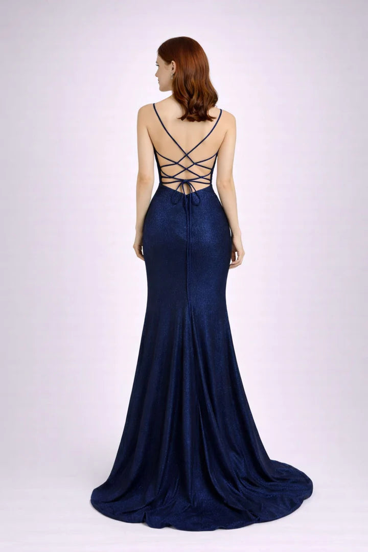 Glamorous Mermaid V Neck Glitter Floor Length LaceUp Slit Evening Gown