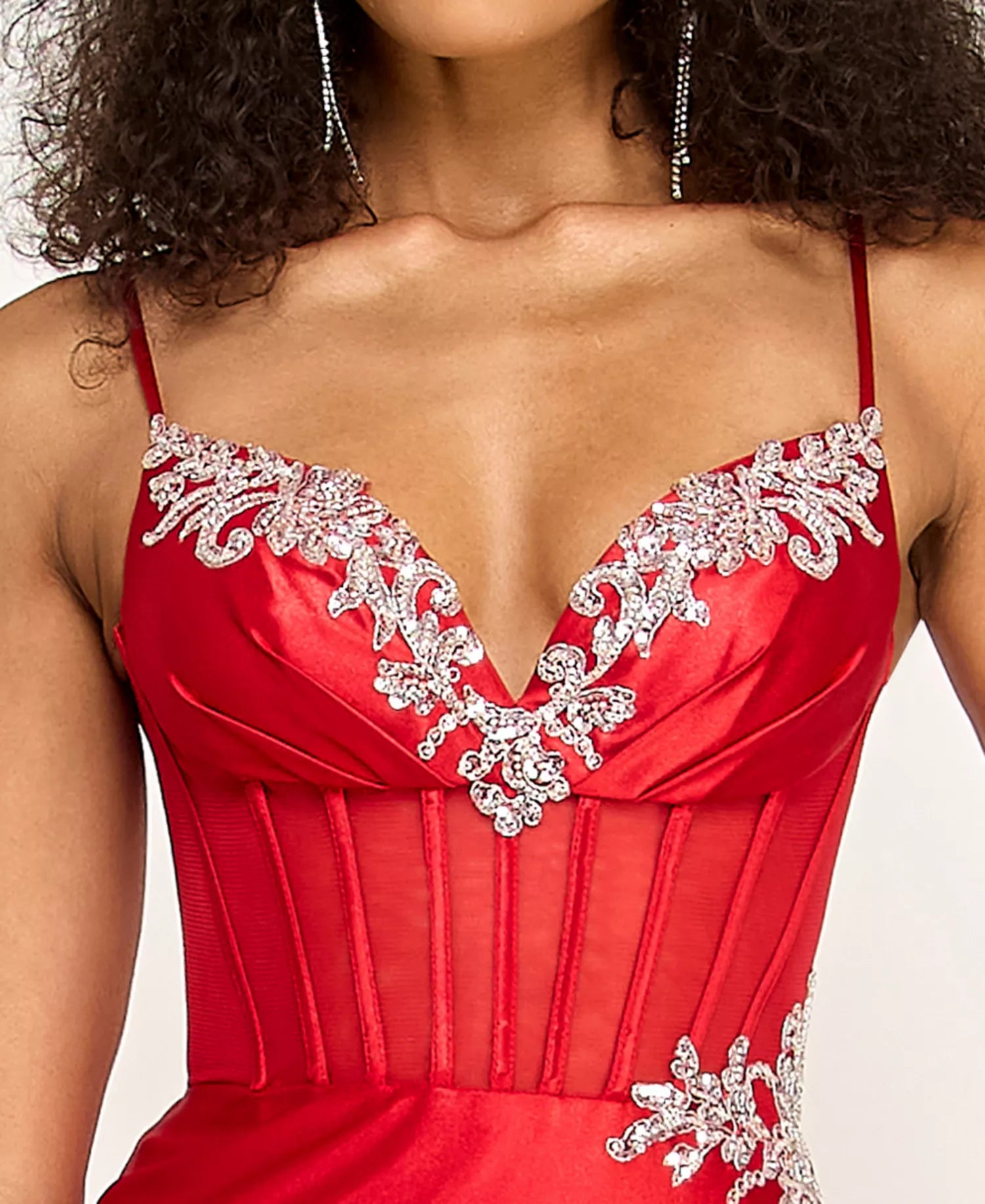 Glamorous Mermaid V Neck Satin Floor Length Corset Slit Rhinestone Evening Gown