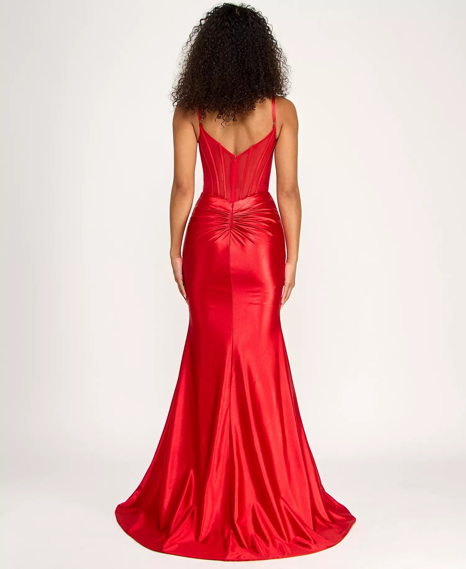 Glamorous Mermaid V Neck Satin Floor Length Corset Slit Rhinestone Evening Gown