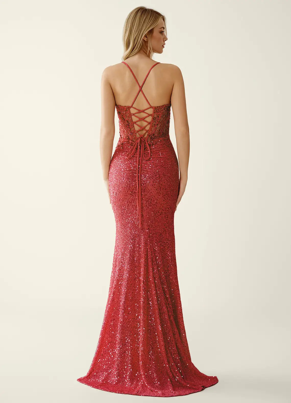 Vestido largo de sirena glamuroso con cuello en V y lentejuelas y espalda con cordones para fiesta de graduación