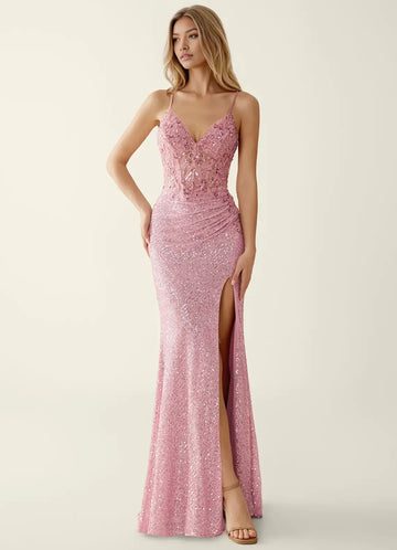 Vestido largo de sirena glamuroso con cuello en V y lentejuelas y espalda con cordones para fiesta de graduación