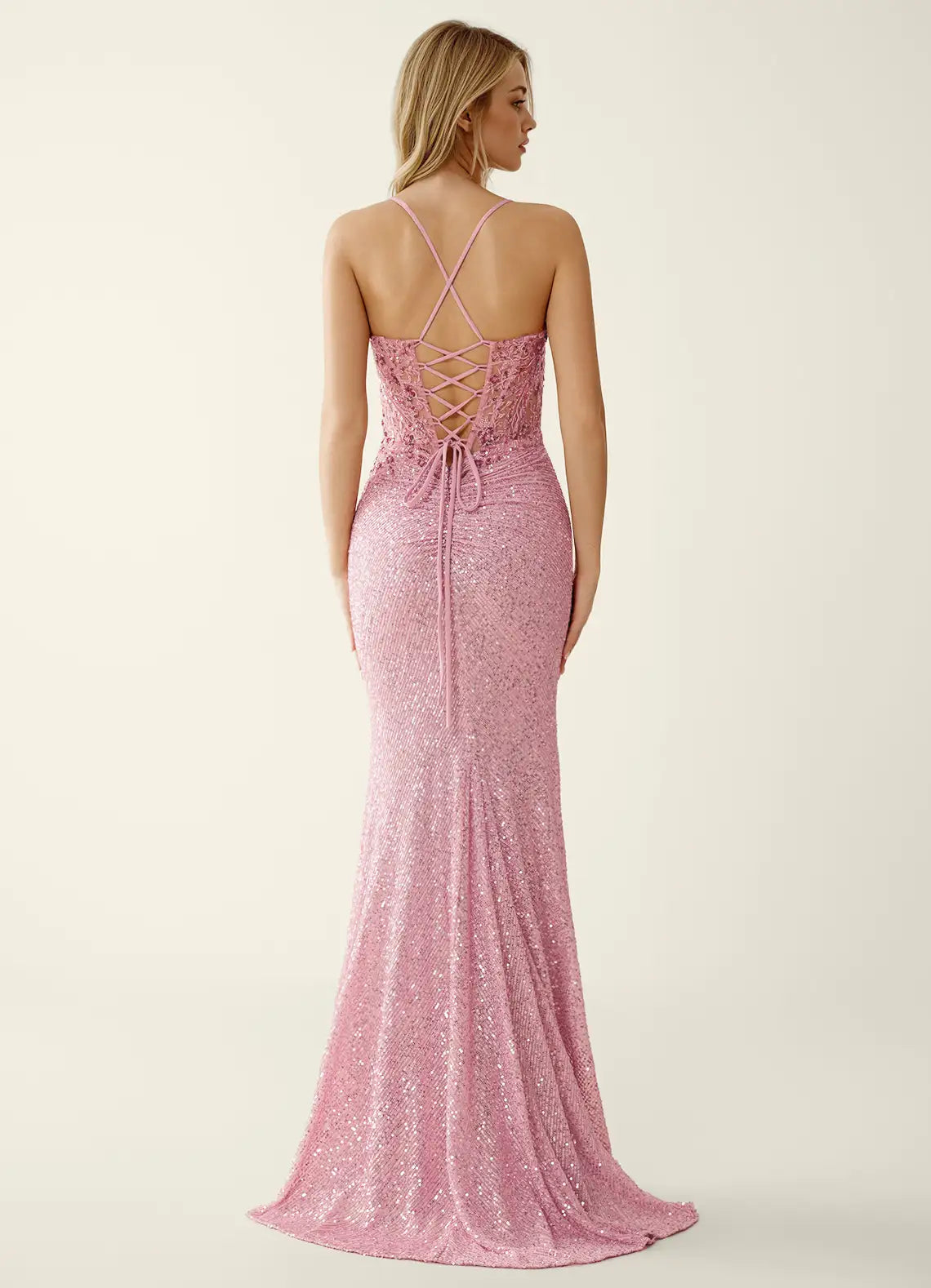 Vestido largo de sirena glamuroso con cuello en V y lentejuelas y espalda con cordones para fiesta de graduación