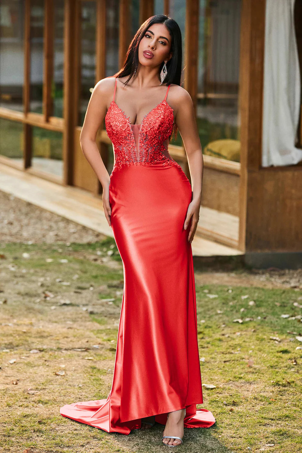 Glamorous Mermaid V-Neck Sleeveless Satin Floor Length Lace Corset Evening Dress