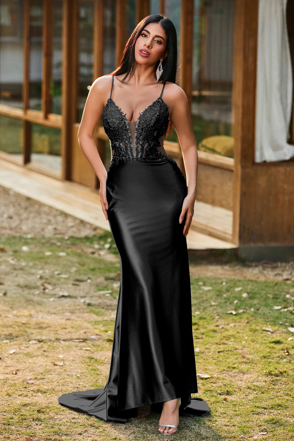 Glamorous Mermaid V-Neck Sleeveless Satin Floor Length Lace Corset Evening Dress