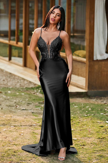 Glamorous Mermaid V-Neck Sleeveless Satin Floor Length Lace Corset Evening Dress