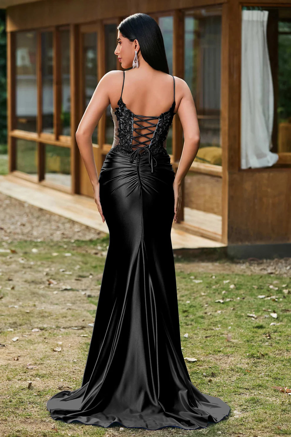 Glamorous Mermaid V-Neck Sleeveless Satin Floor Length Lace Corset Evening Dress