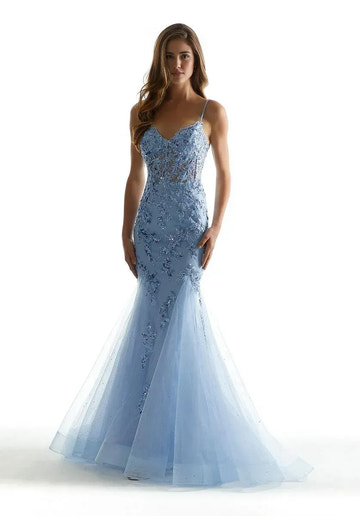 Glamorous Mermaid V-Neck Sleeveless Tulle Long Lace-Up Prom Dress