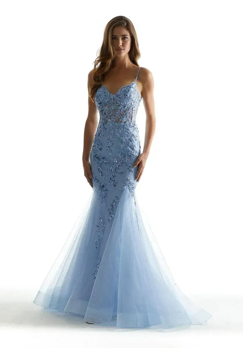 Glamorous Mermaid V-Neck Sleeveless Tulle Long Lace-Up Prom Dress