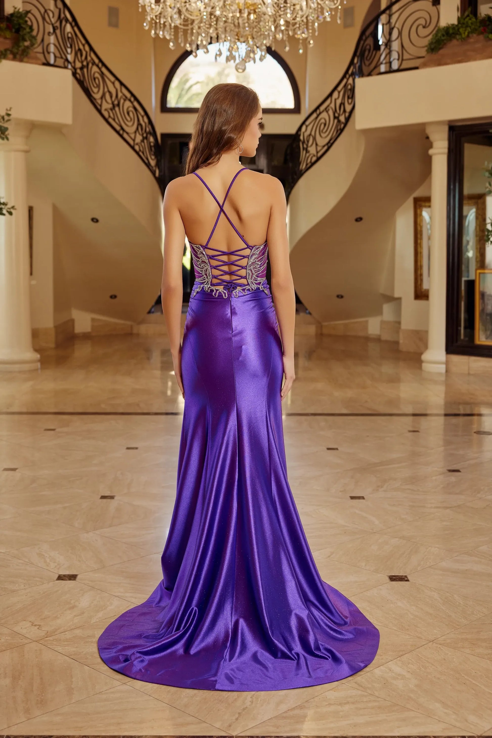 Glamorous Mermaid VNeck Sleeveless Beaded Satin Long Corset Prom Dress