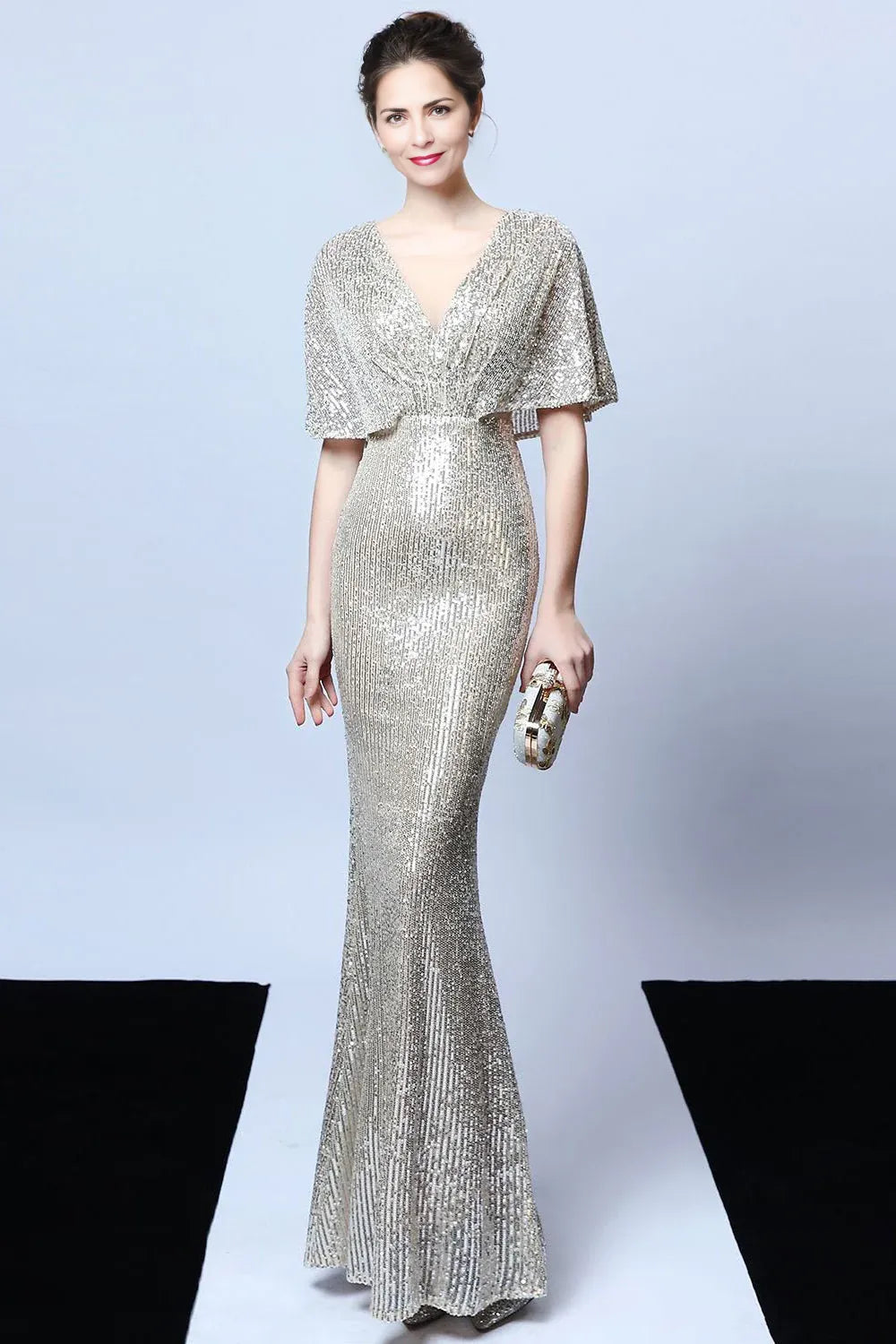 Glamorous Mermaid Vneck Sequin Maxi Cape Sleeve Evening Gown
