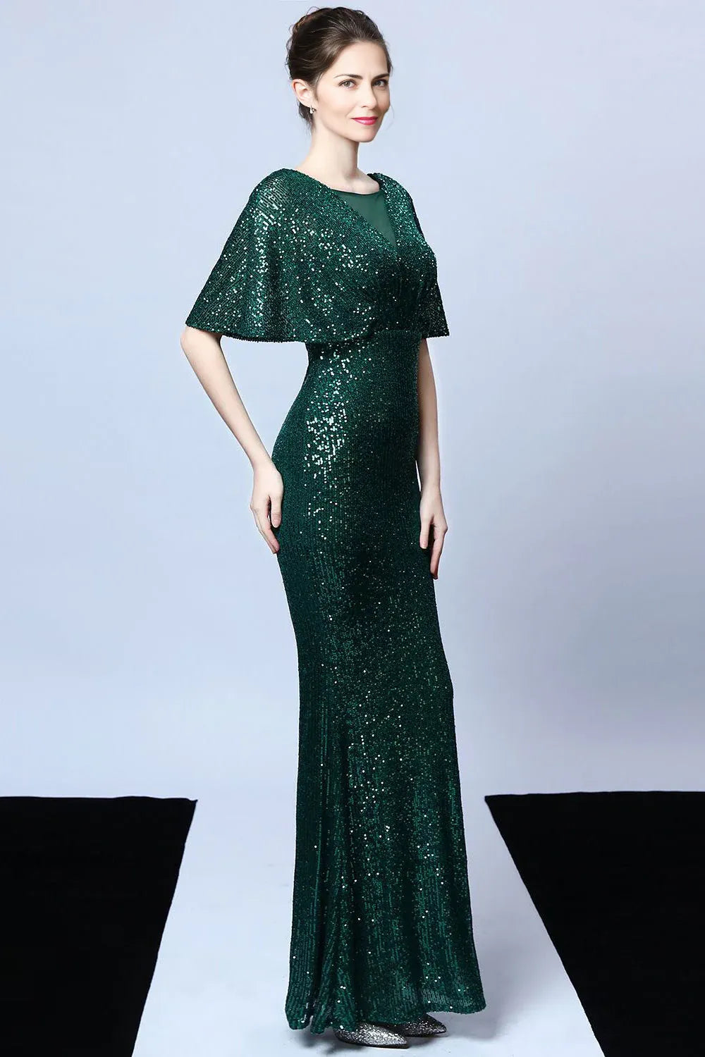 Glamorous Mermaid Vneck Sequin Maxi Cape Sleeve Evening Gown