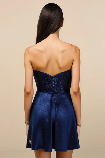 Glamorous Strapless Satin Beaded Homecoming Dress with Bow Detail