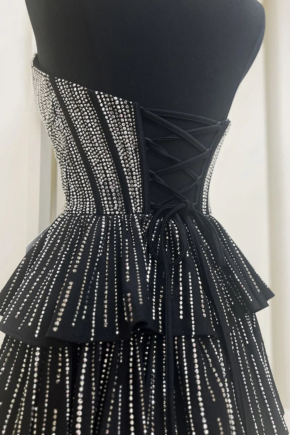 Glamorous Tiered Strapless Sleeveless Satin Mini Dress with Rhinestone Corset