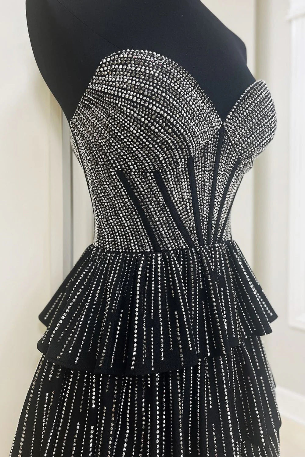 Glamorous Tiered Strapless Sleeveless Satin Mini Dress with Rhinestone Corset
