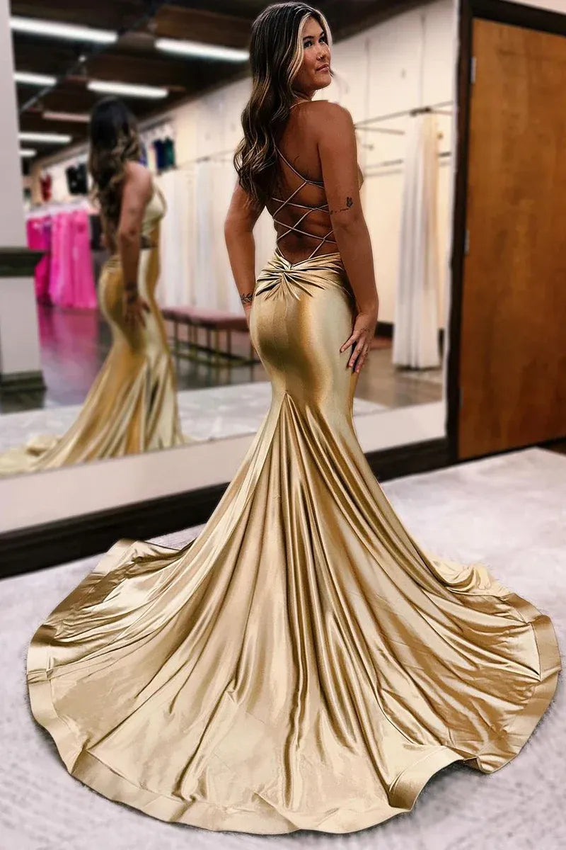 Glamorous Mermaid Deep V-Neck Spaghetti Strap Satin Crisscross Lace-Up Back Side Cutout Floor-Length Evening Gown