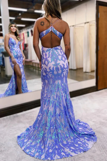 Glamorous Mermaid Deep V-Neck Spaghetti Strap Sequin High Slit Open Back Floor-Length Formal Evening Gown