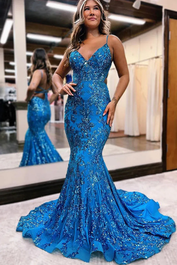 Glamorous Mermaid Deep V-Neck Spaghetti Strap Sequin Lace Appliqué Crisscross Open Back Floor-Length Evening Gown
