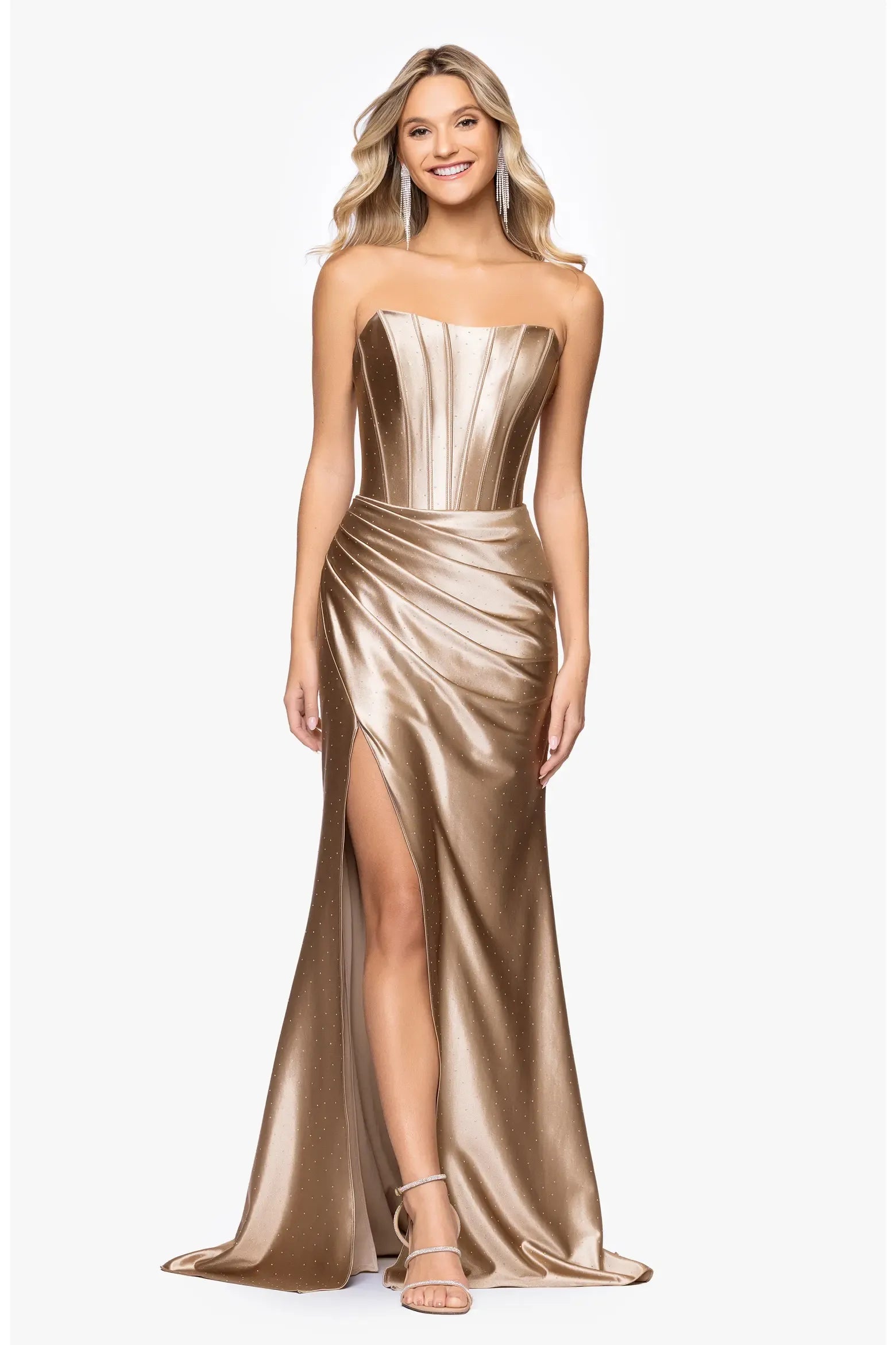 Glamorous Mermaid Strapless Boned Corset Satin Draped Ruched High Slit Rhinestone Dotted Train Floor-Length Evening Gown