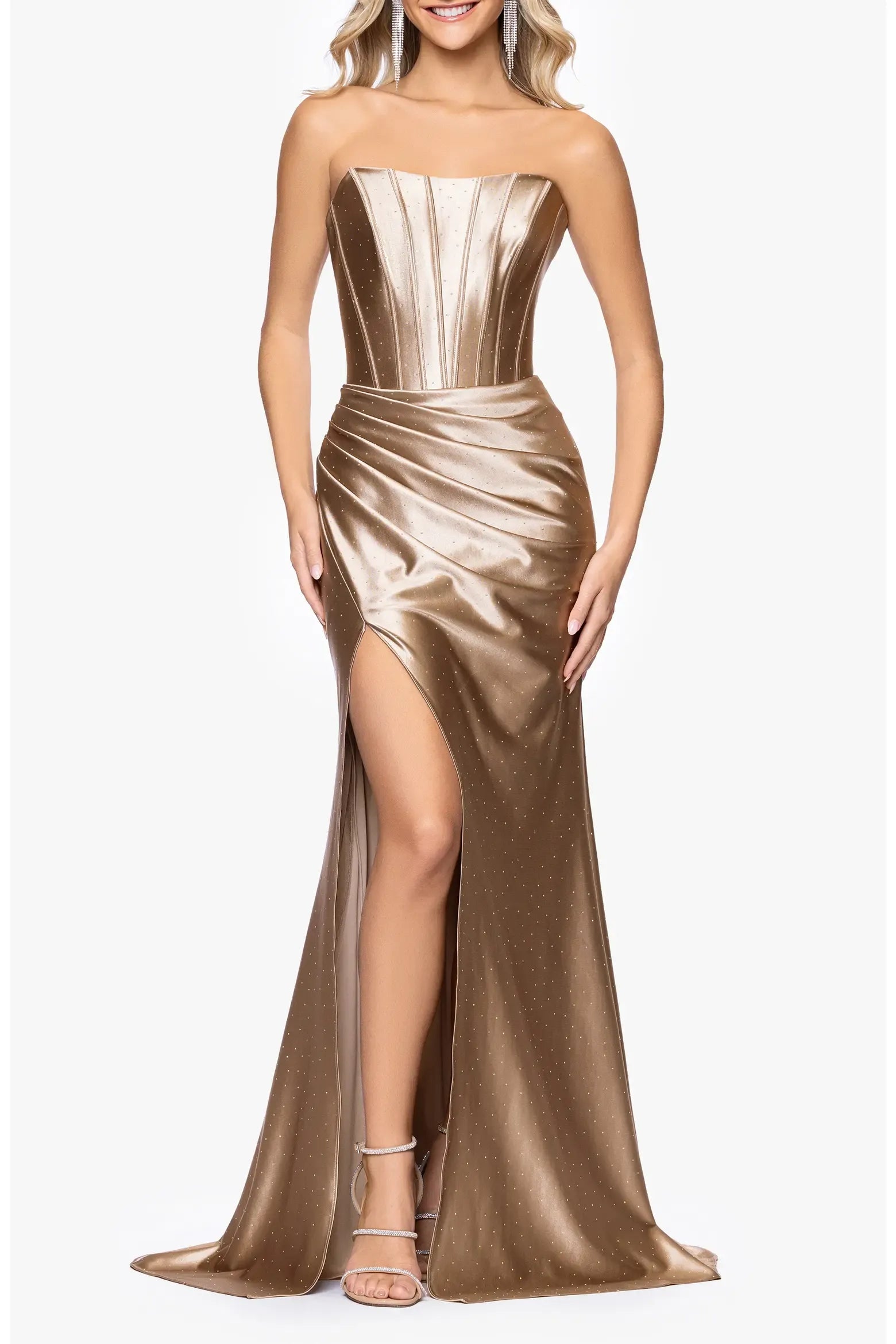 Glamorous Mermaid Strapless Boned Corset Satin Draped Ruched High Slit Rhinestone Dotted Train Floor-Length Evening Gown