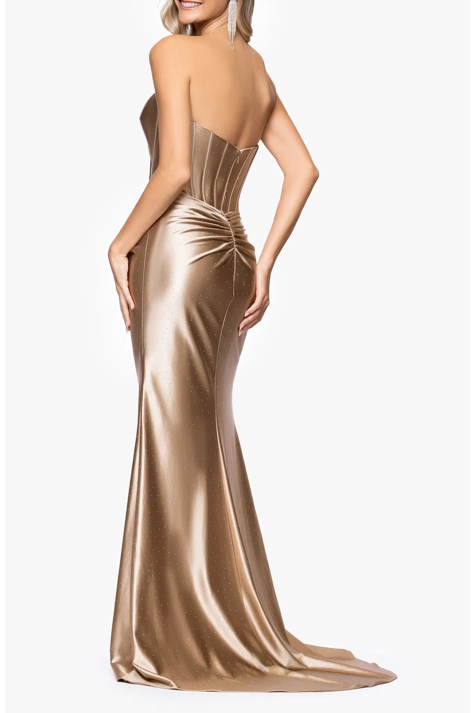 Glamorous Mermaid Strapless Boned Corset Satin Draped Ruched High Slit Rhinestone Dotted Train Floor-Length Evening Gown