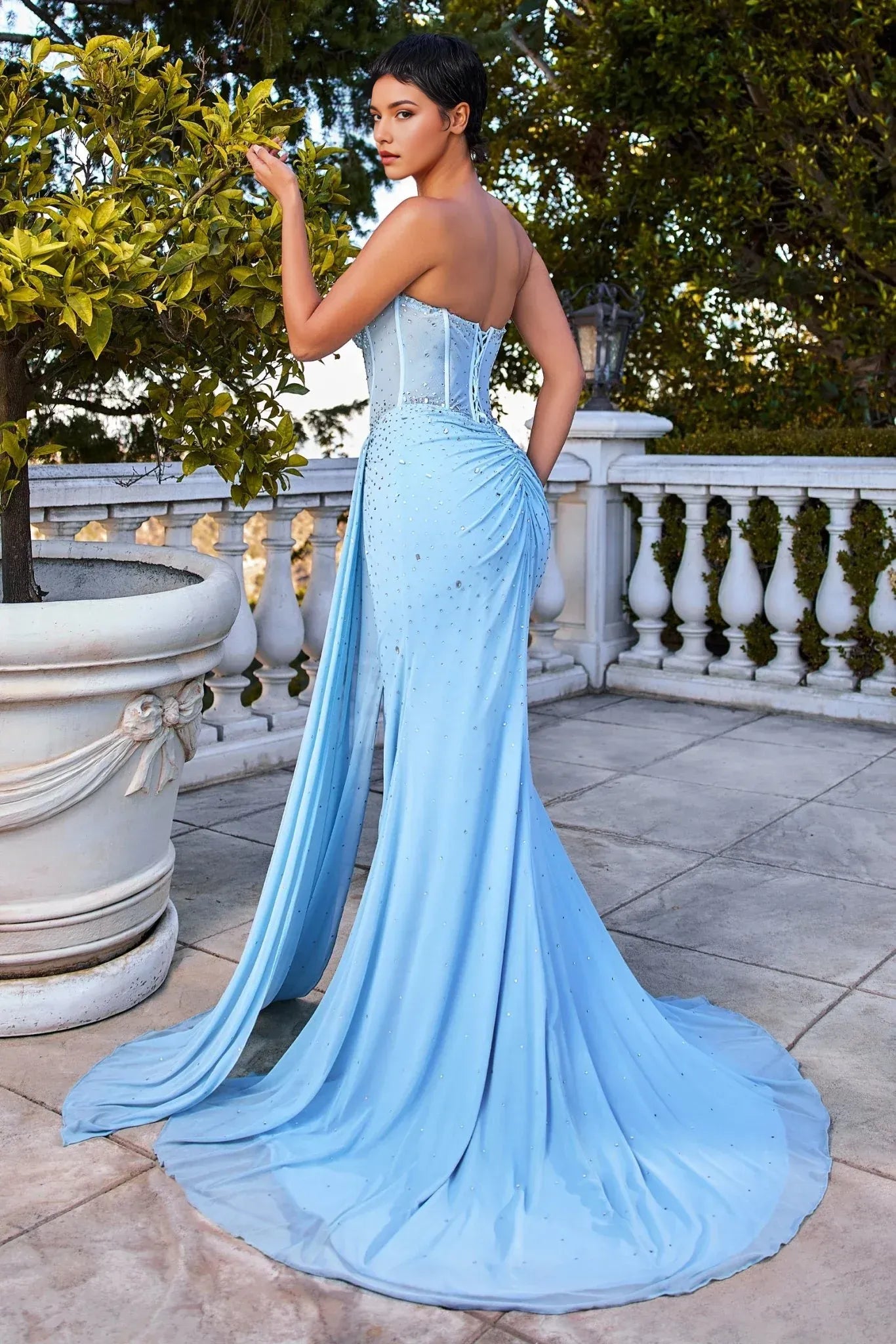 Glamorous Mermaid Strapless Sleeveless Satin Rhinestone Corset Ruched High Slit Evening Gown