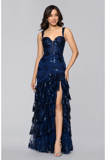 Glamorous Mermaid Sweetheart Neck Spaghetti Strap Sequin Lace Corset Tiered Ruffle Slit Floor-Length Evening Gown