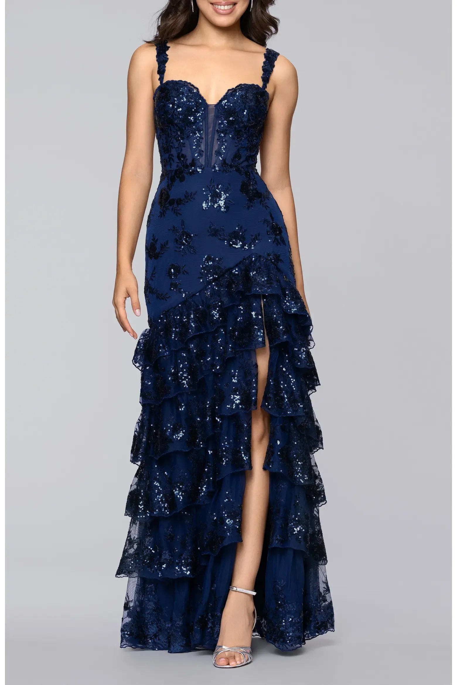 Glamorous Mermaid Sweetheart Neck Spaghetti Strap Sequin Lace Corset Tiered Ruffle Slit Floor-Length Evening Gown