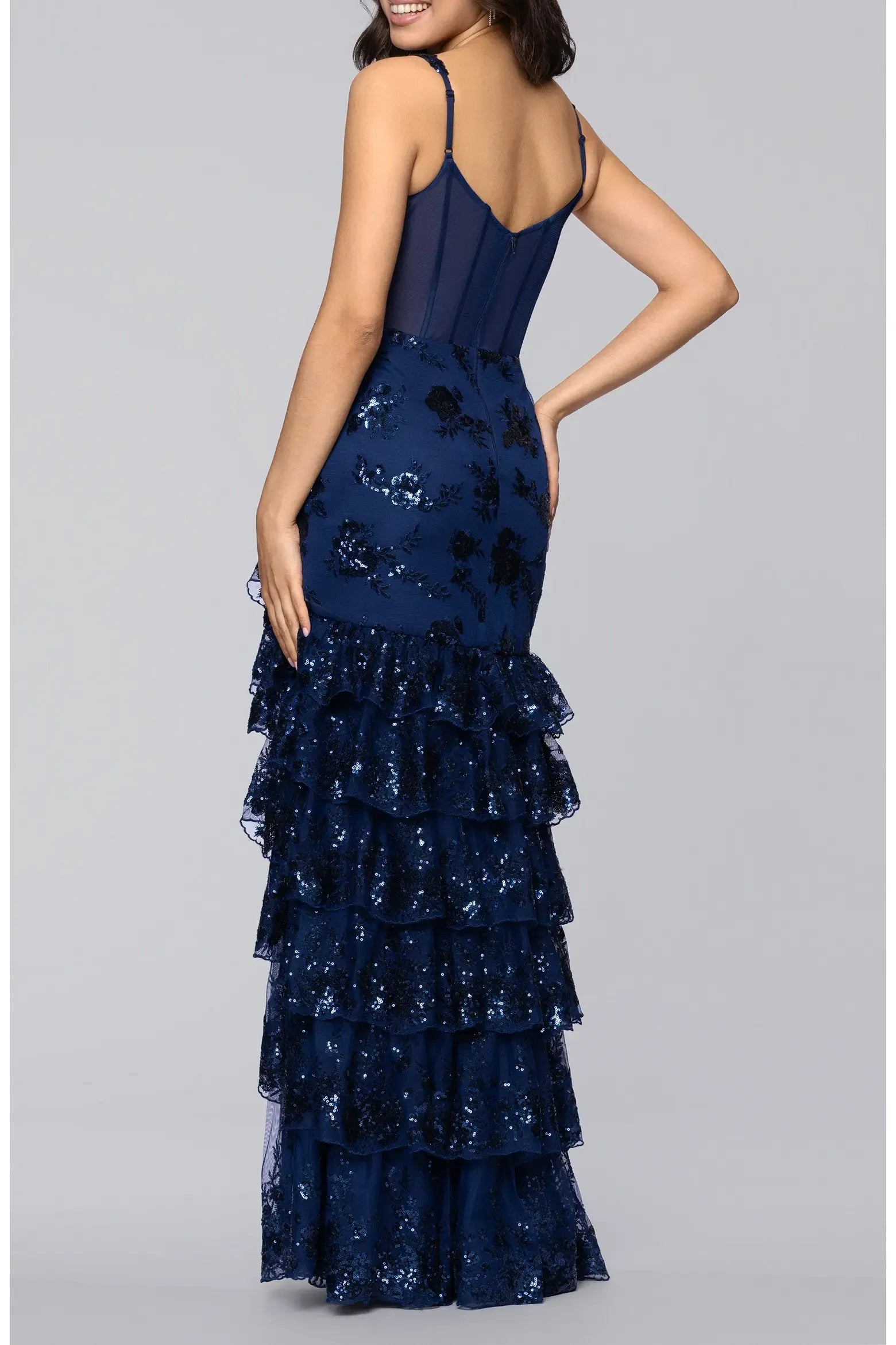 Glamorous Mermaid Sweetheart Neck Spaghetti Strap Sequin Lace Corset Tiered Ruffle Slit Floor-Length Evening Gown
