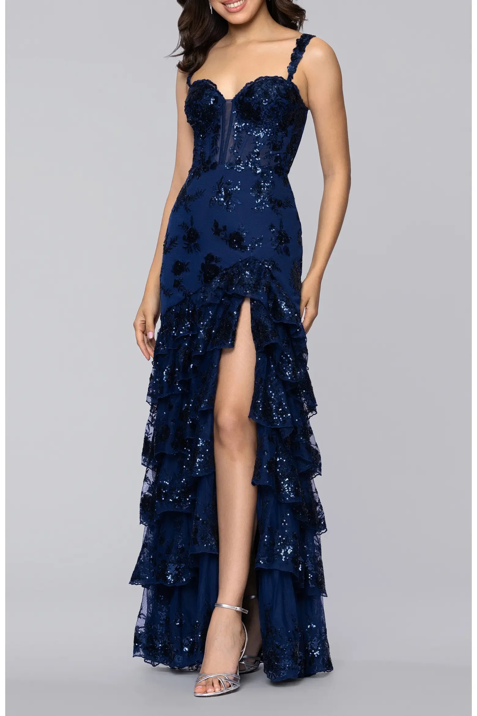 Glamorous Mermaid Sweetheart Neck Spaghetti Strap Sequin Lace Corset Tiered Ruffle Slit Floor-Length Evening Gown