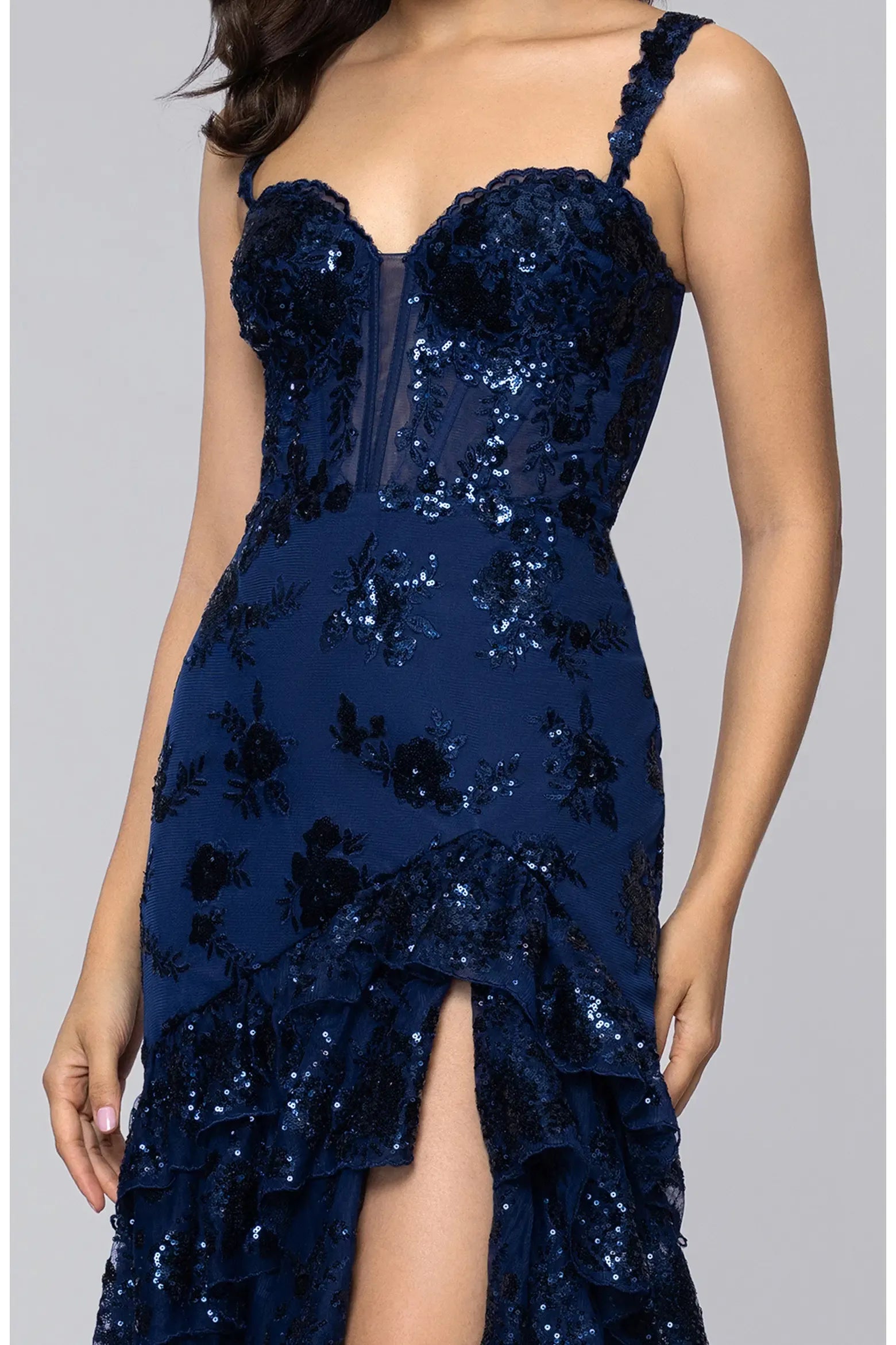 Glamorous Mermaid Sweetheart Neck Spaghetti Strap Sequin Lace Corset Tiered Ruffle Slit Floor-Length Evening Gown