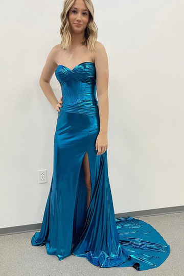 Glamorous Mermaid Sweetheart Neck Strapless Metallic Corset Bodice High Slit Floor-Length Evening Gown