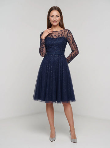 Vedress navy sparkly tulle mother of the bride dress bateau neck long beaded sleeve knee‑length formal cocktail gown