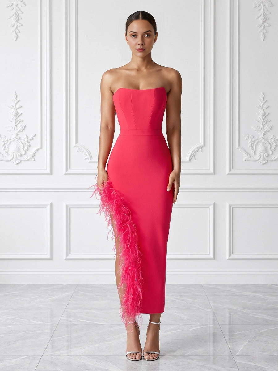 vedress hot pink strapless midi prom dress boned bodice feather trimmed high slit sheath gown