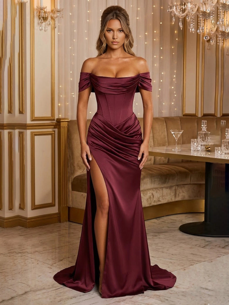 vedress burgundy satin mermaid prom dress off‑shoulder corset bodice high slit evening gown