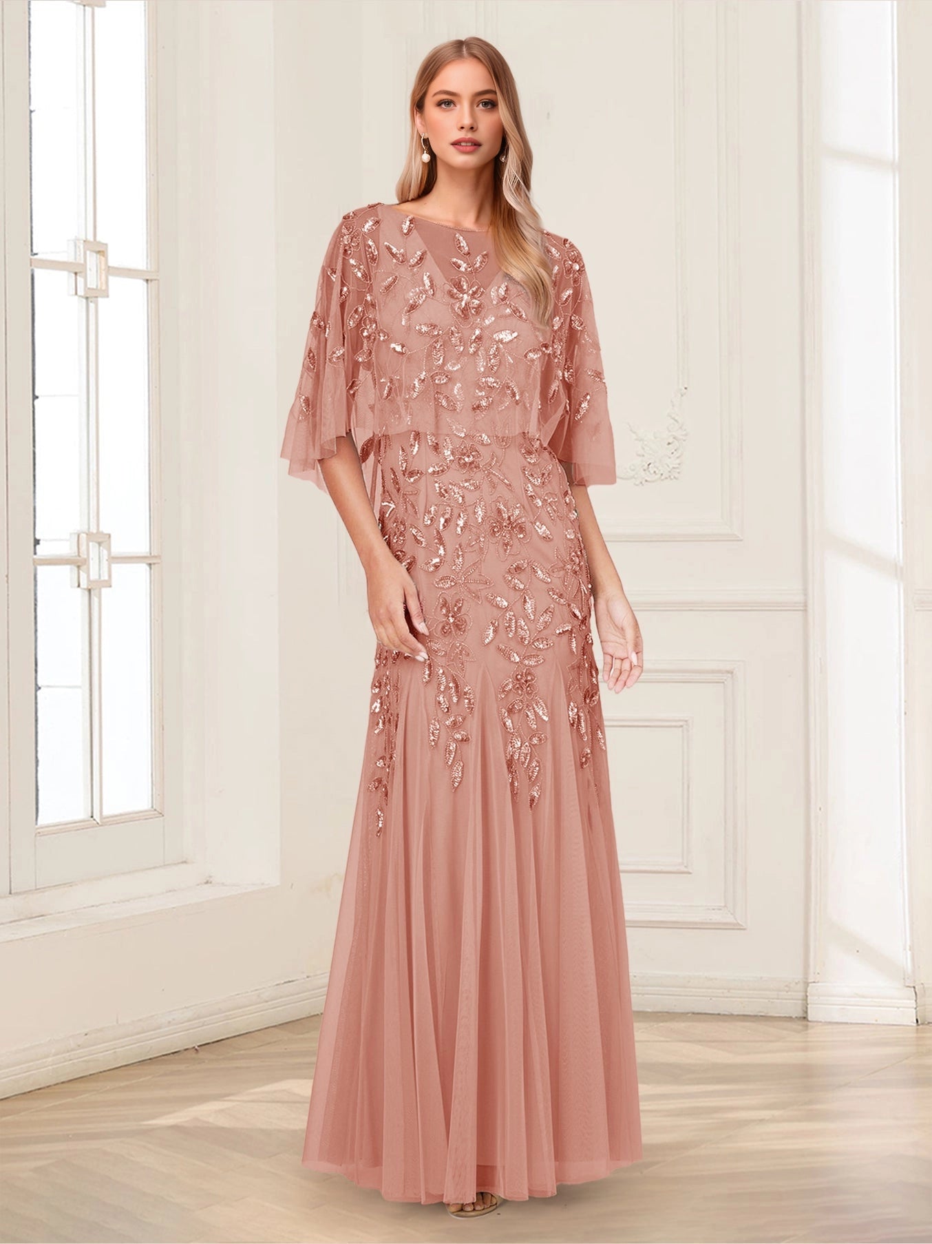 vedress rose gold plus size mother dress round neck sequin leaf embroidery cape sleeve mermaid tulle floor gown