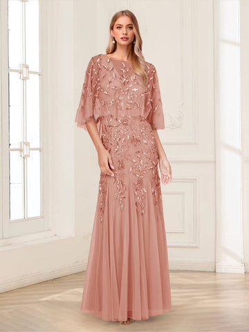 vedress rose gold plus size mother dress round neck sequin leaf embroidery cape sleeve mermaid tulle floor gown