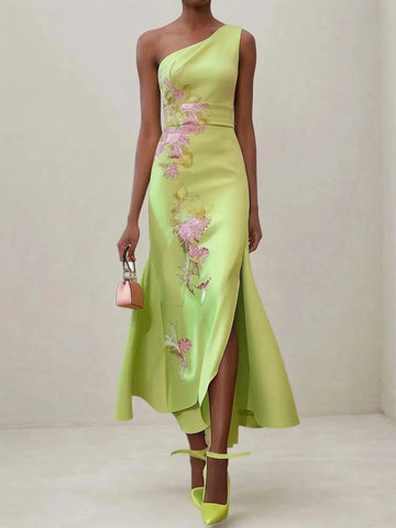 Vedress lime satin wedding guest dress one‑shoulder floral embroidery slit midi formal gown