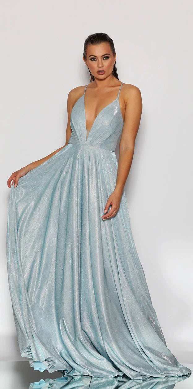 Vestido largo de fiesta glamuroso con purpurina, escote halter y espalda descubierta