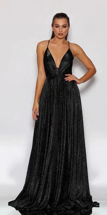 Vestido largo de fiesta glamuroso con purpurina, escote halter y espalda descubierta