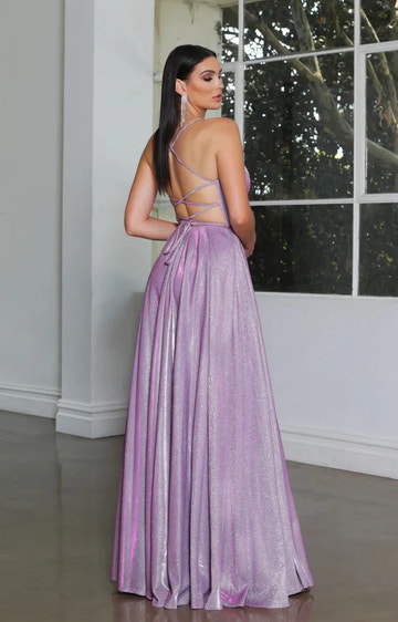 Vestido largo de fiesta glamuroso con purpurina, escote halter y espalda descubierta