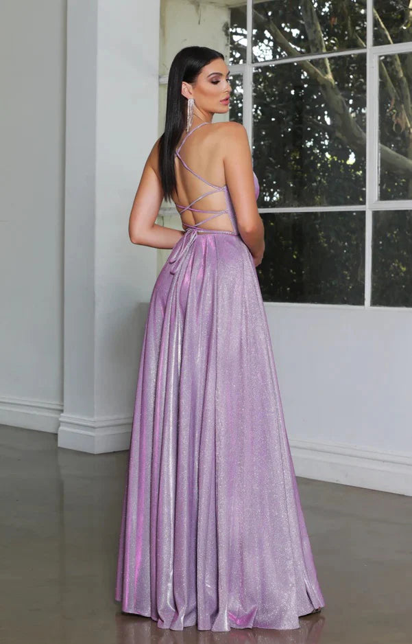 Vestido largo de fiesta glamuroso con purpurina, escote halter y espalda descubierta