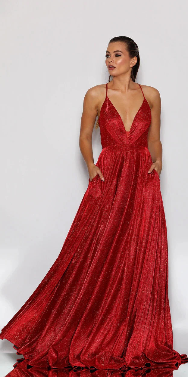 Vestido largo de fiesta glamuroso con purpurina, escote halter y espalda descubierta