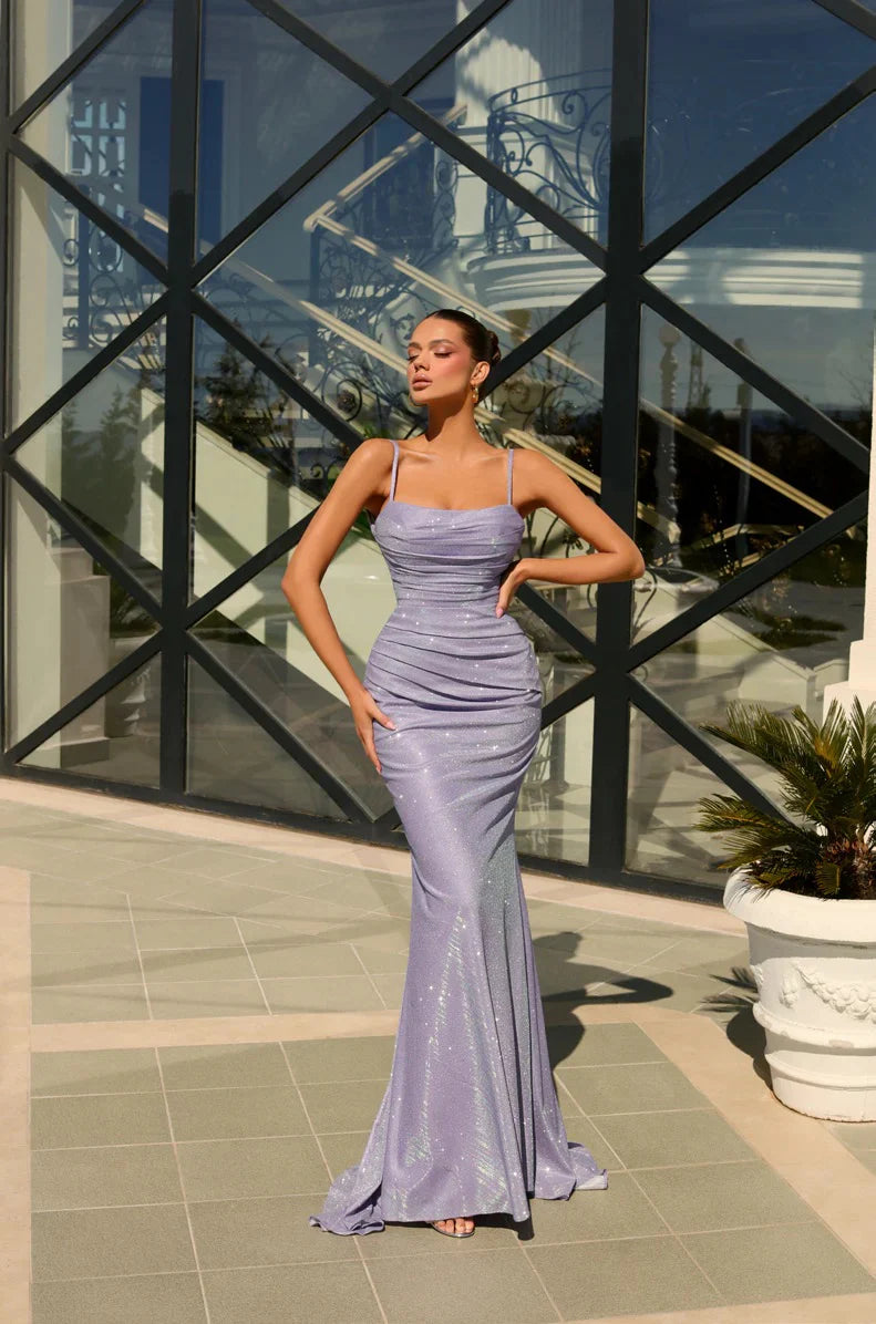 Glitter Mermaid Spaghetti Strap Ruched Backless Maxi Evening Dress