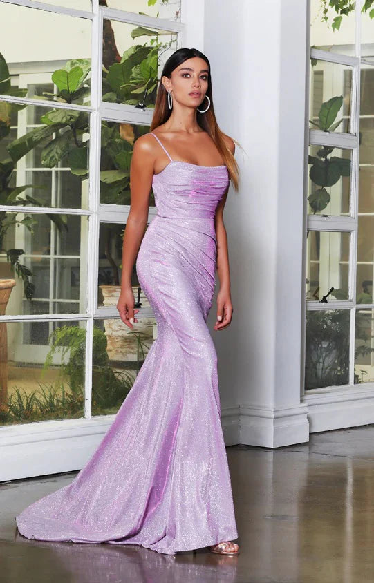 Glitter Mermaid Spaghetti Strap Ruched Backless Maxi Evening Dress