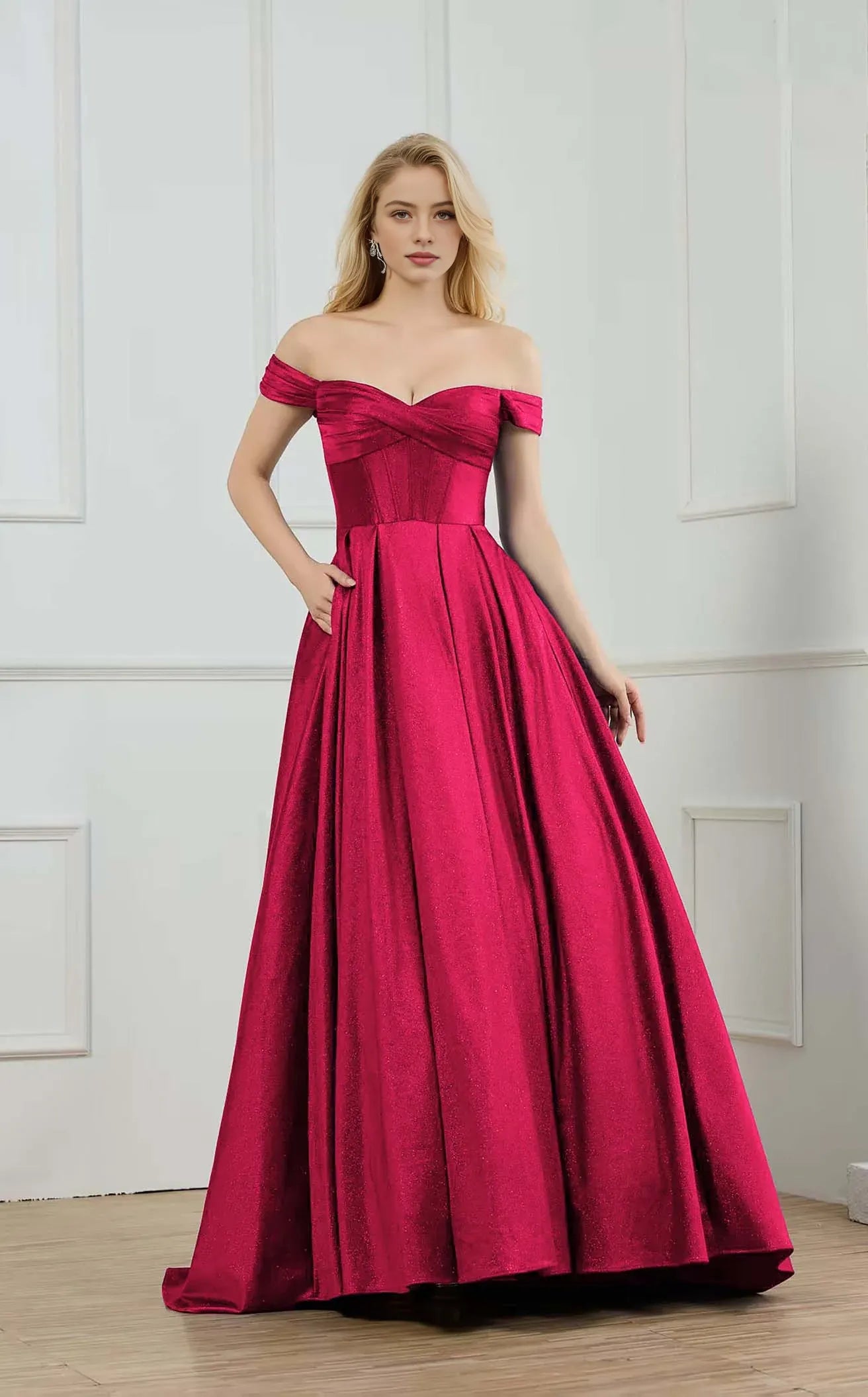 Vestido de fiesta tipo corsé con hombros descubiertos, falda A y purpurina