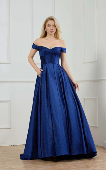 Vestido de fiesta tipo corsé con hombros descubiertos, falda A y purpurina