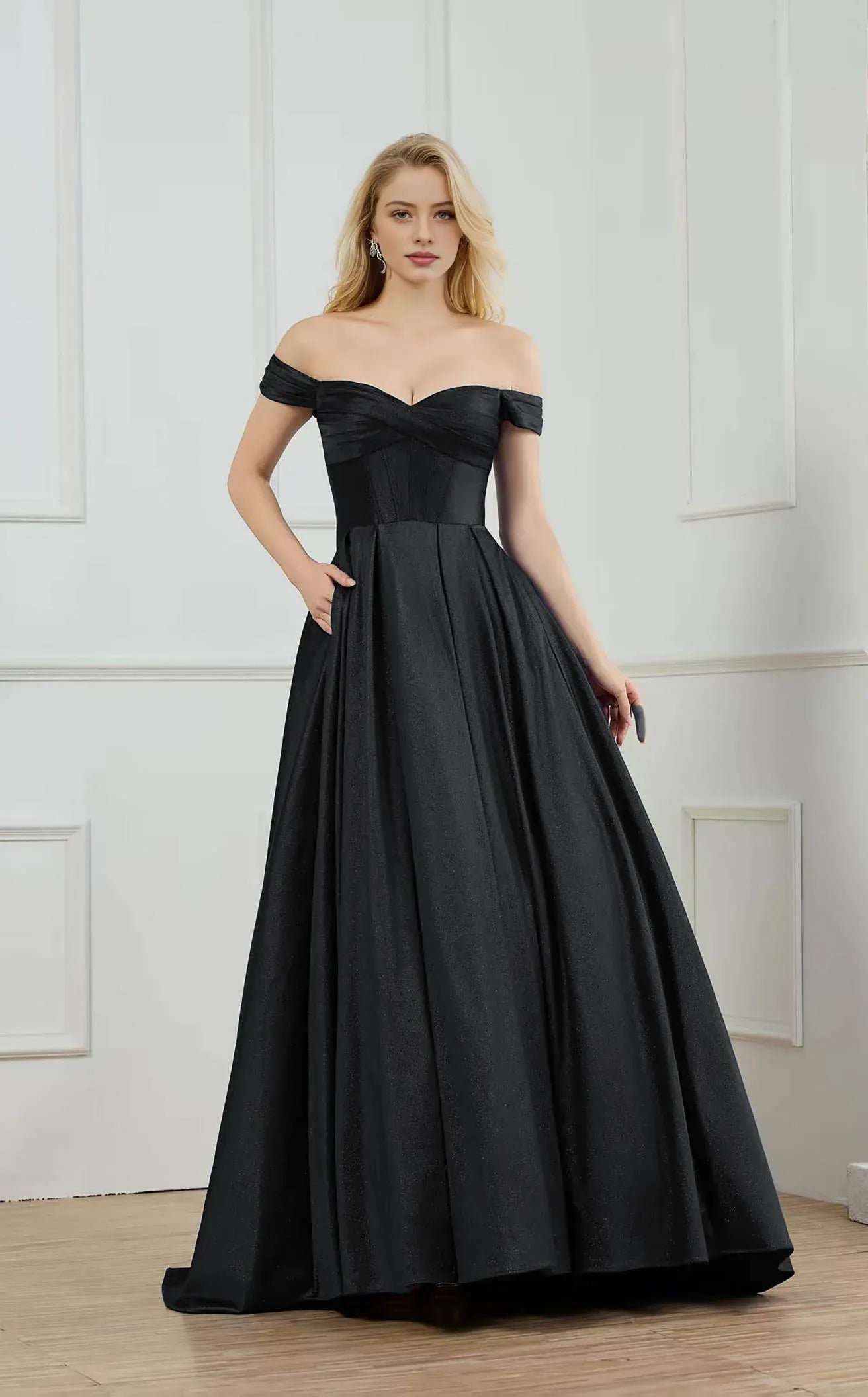 Vestido de fiesta tipo corsé con hombros descubiertos, falda A y purpurina