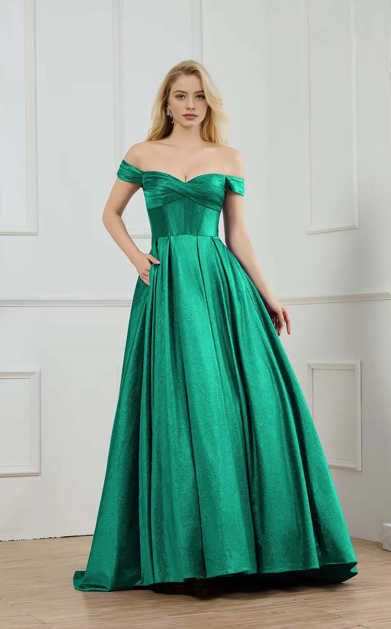Vestido de fiesta tipo corsé con hombros descubiertos, falda A y purpurina
